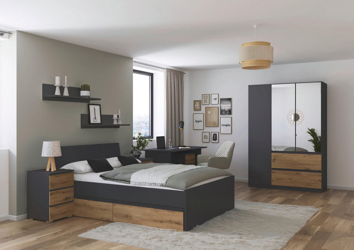 JUGENDZIMMER Joel in Grau Metallic und Artisan Eiche 5 teilig – mit 3trg Kleiderschrank, 140er Bett, Nachttisch, Schreibtisch und Rollcontainer - Grau, Holzwerkstoff (80/200/120cm)