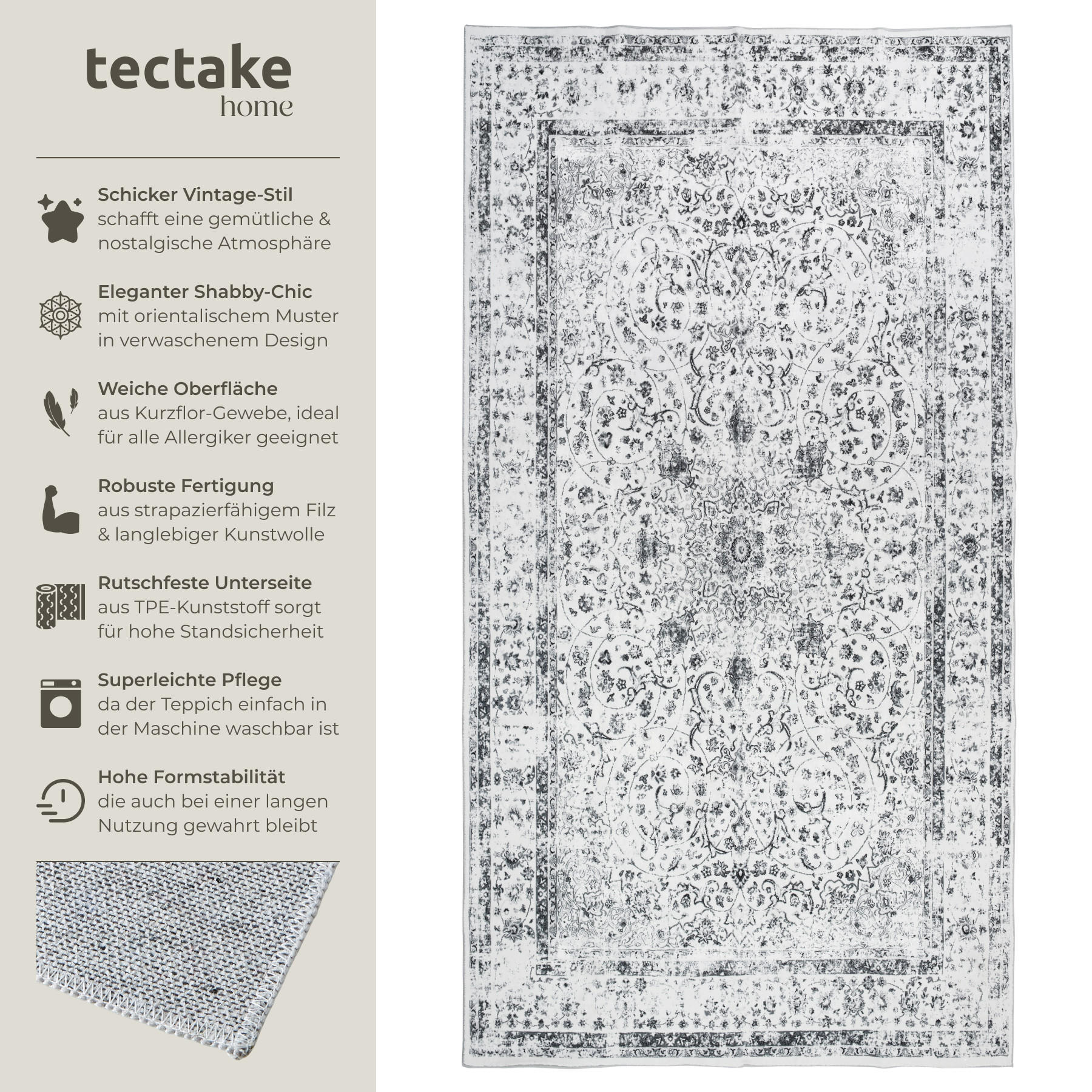 TEPPICH Vintage Design Aliya,rutschfeste Unterseite,grau - Grau, Kunststoff (80/150cm) - tectake