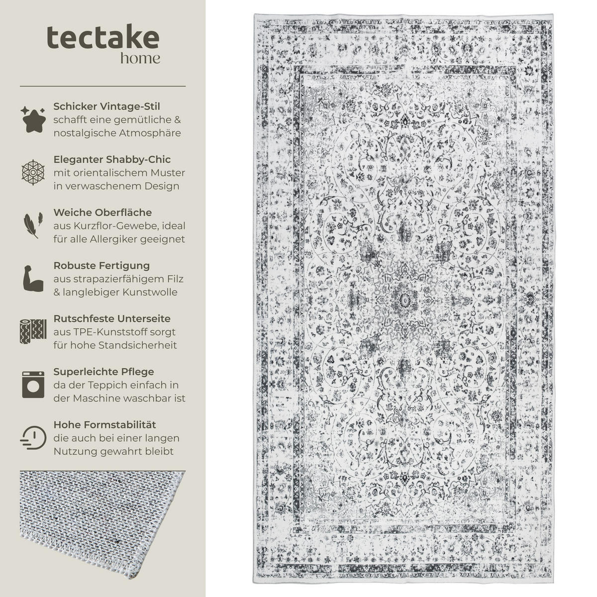 TEPPICH Vintage Design Aliya,rutschfeste Unterseite,grau - Grau, Kunststoff (80/150cm) - tectake