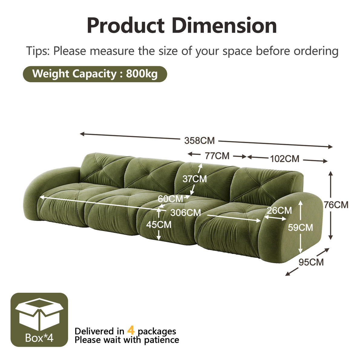 4-SITZER SOFA Chenille Grün - Grün, Textil (358/76/95cm) - WISHDOR