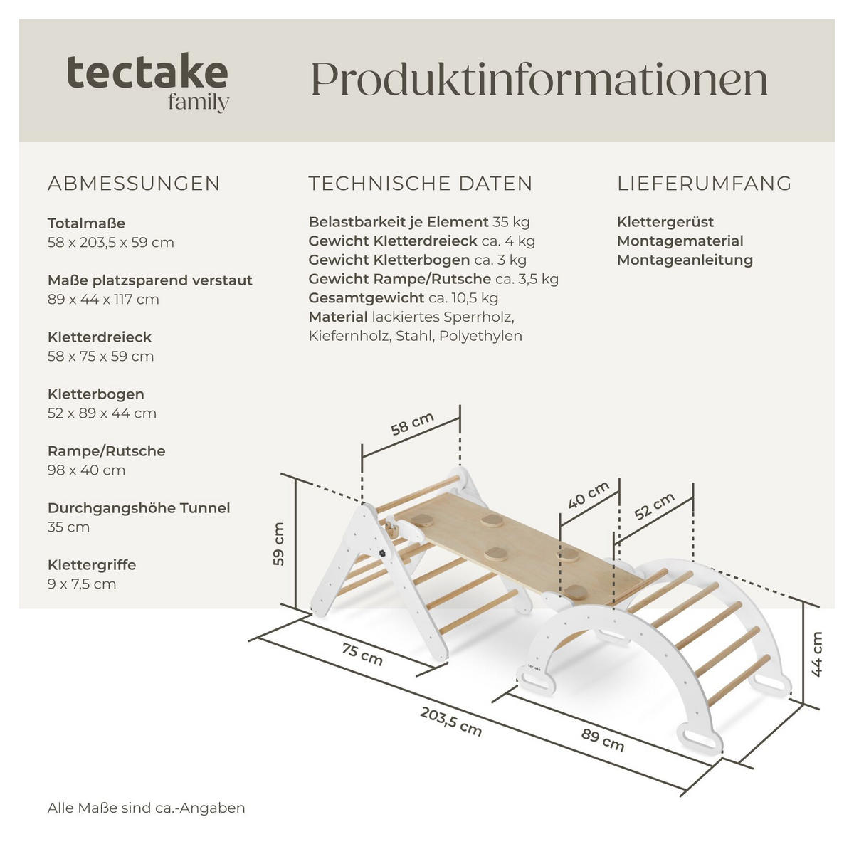 KLETTERGERÜST Monti, abgerundete Ecken und Kanten, hellgrau - Hellgrau, Holz (203.5/59/58cm) - tectake