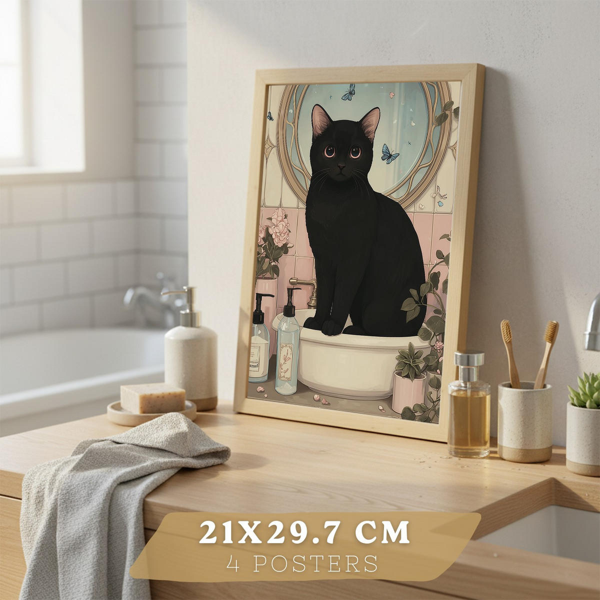 PLAKÁT Sada 4 dekorativních tisků, černá kočka v koupelně Bezrámové A4 - čirá, papír (29.7/21/3cm) - Nacnic