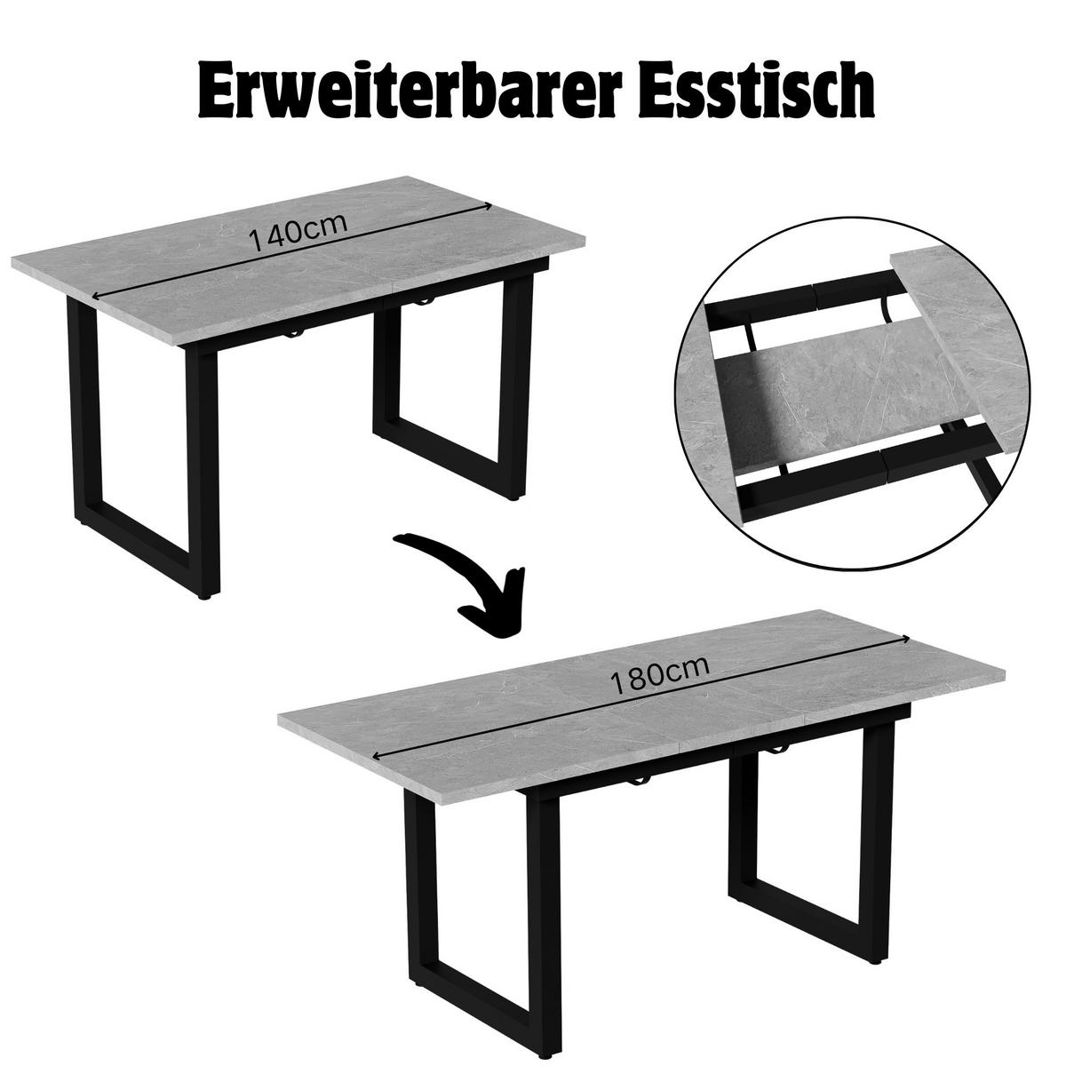 ESSTISCH aus MDF und Metall 140/180x80x75 cm Grau/Schwarz ausziehbar im Industriestil - Schwarz, Holzwerkstoff (140/80/75cm) - Modfu