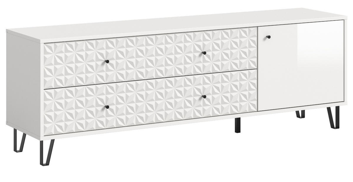 TV-LOWBOARD weiß Hochglanz 164 x 56 cm, TV Unterteil mit 3D-Struktur - Weiß Hochglanz/Schwarz, Holzwerkstoff/Kunststoff (164/56/40cm) - Inn.Furn