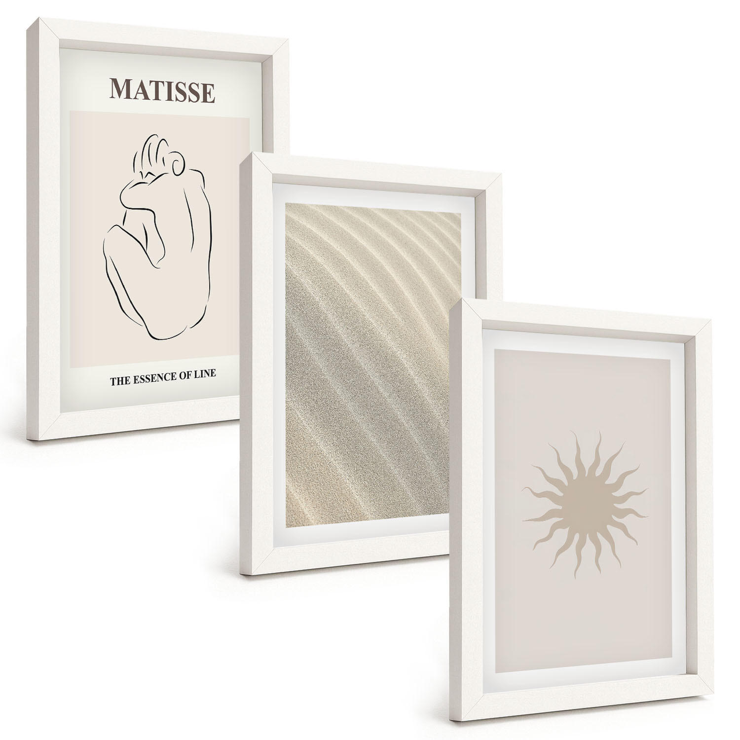 BILDER SET 3er Set - 20x30 cm Weißer Rahmen - Minimalistische Sandlinien Sonne - Weiß, Kunststoff (20/30cm) - TULUP