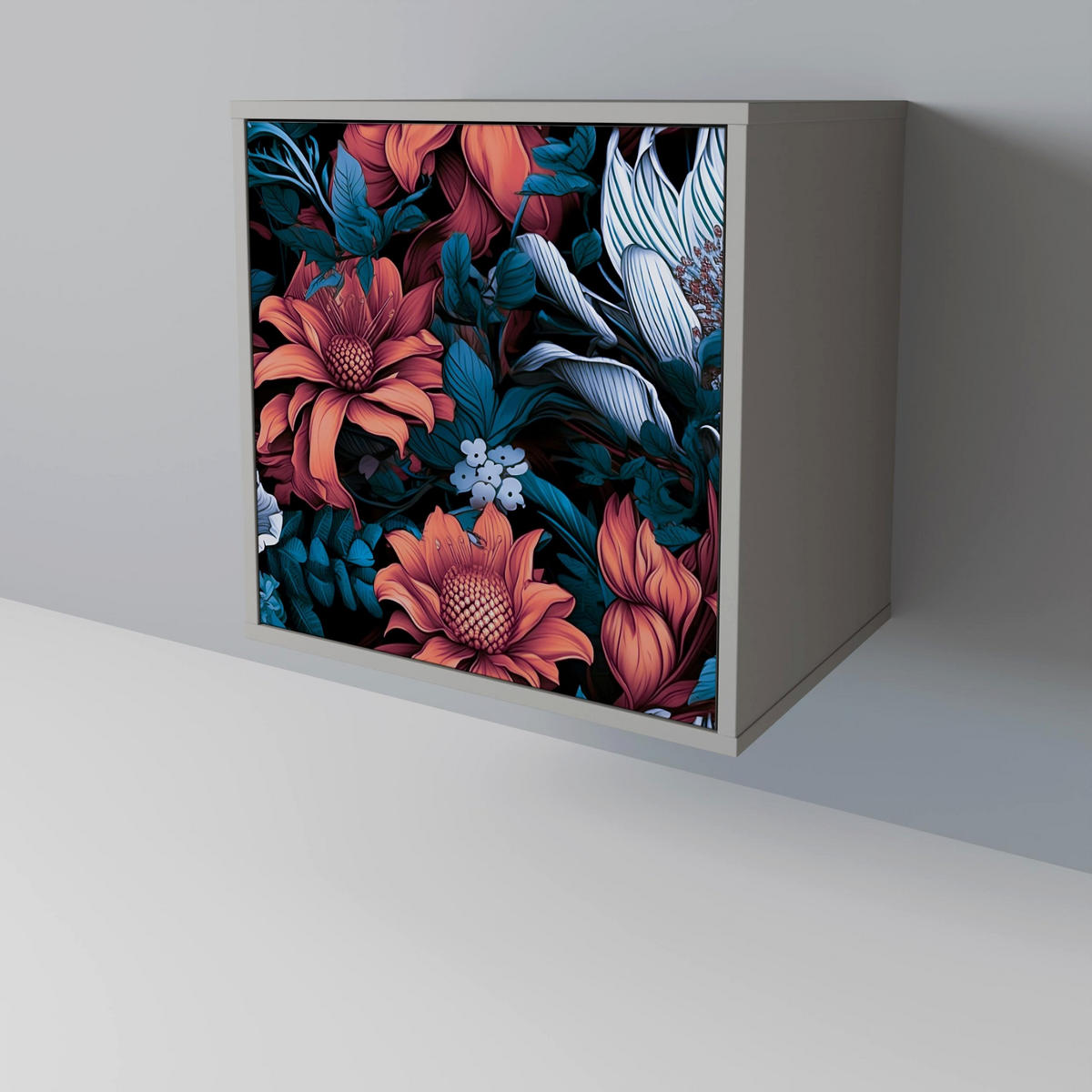 SIDEBOARD ETHEREAL BLOSSOMS, Grau, 57,5x42x72,5 cm, Schwarze Metallfüße - Multicolor/Schwarz, Holzwerkstoff/Metall (57.5/72.5/42cm) - SpaceRebels