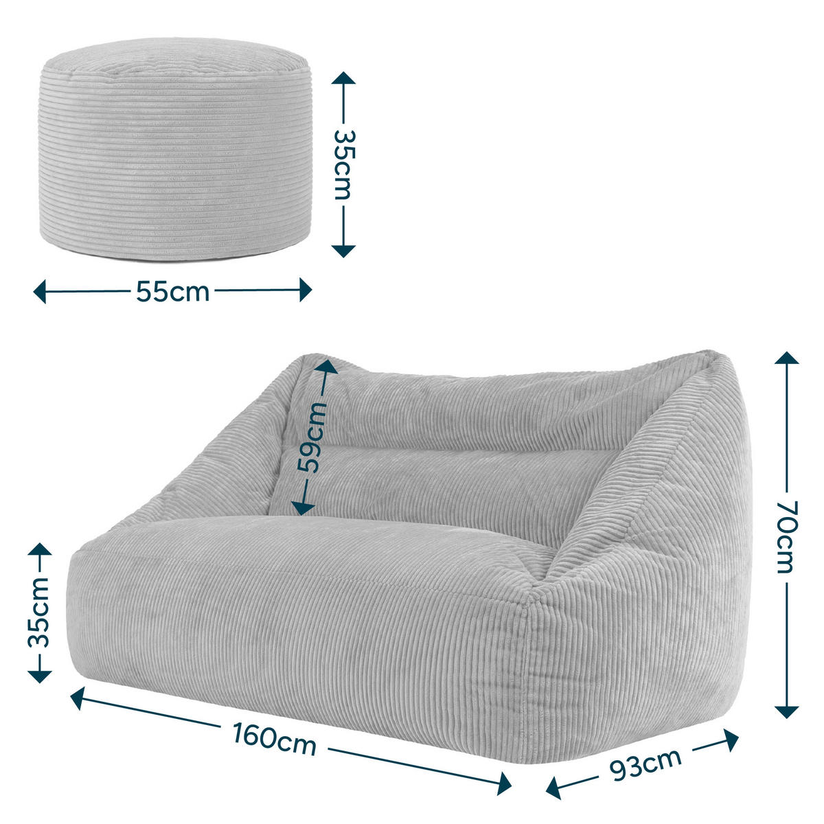 SITZSACK Sofa mit rundem Hocker - Beige, Textil (160/70/93cm) - icon