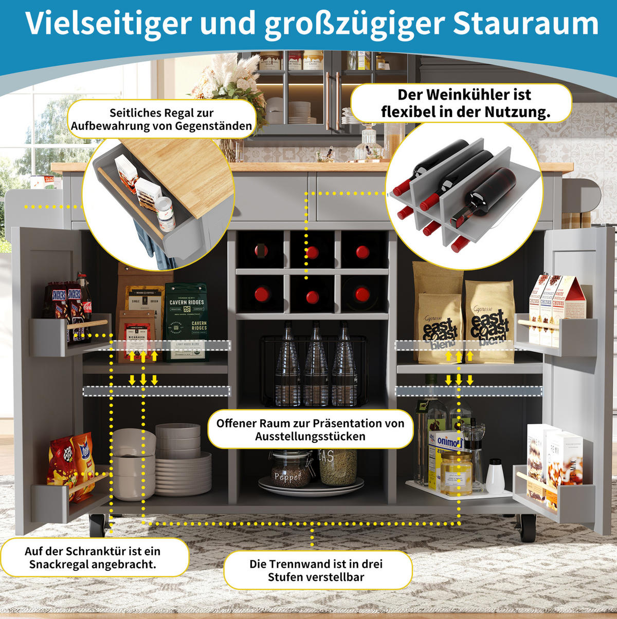 KÜCHENINSEL 102/45/92 cm aus MDF und Metall mit verstellbarem Stauraum und Rollen Grau - Grau, Holzwerkstoff (102/92/45cm) - Modenvie
