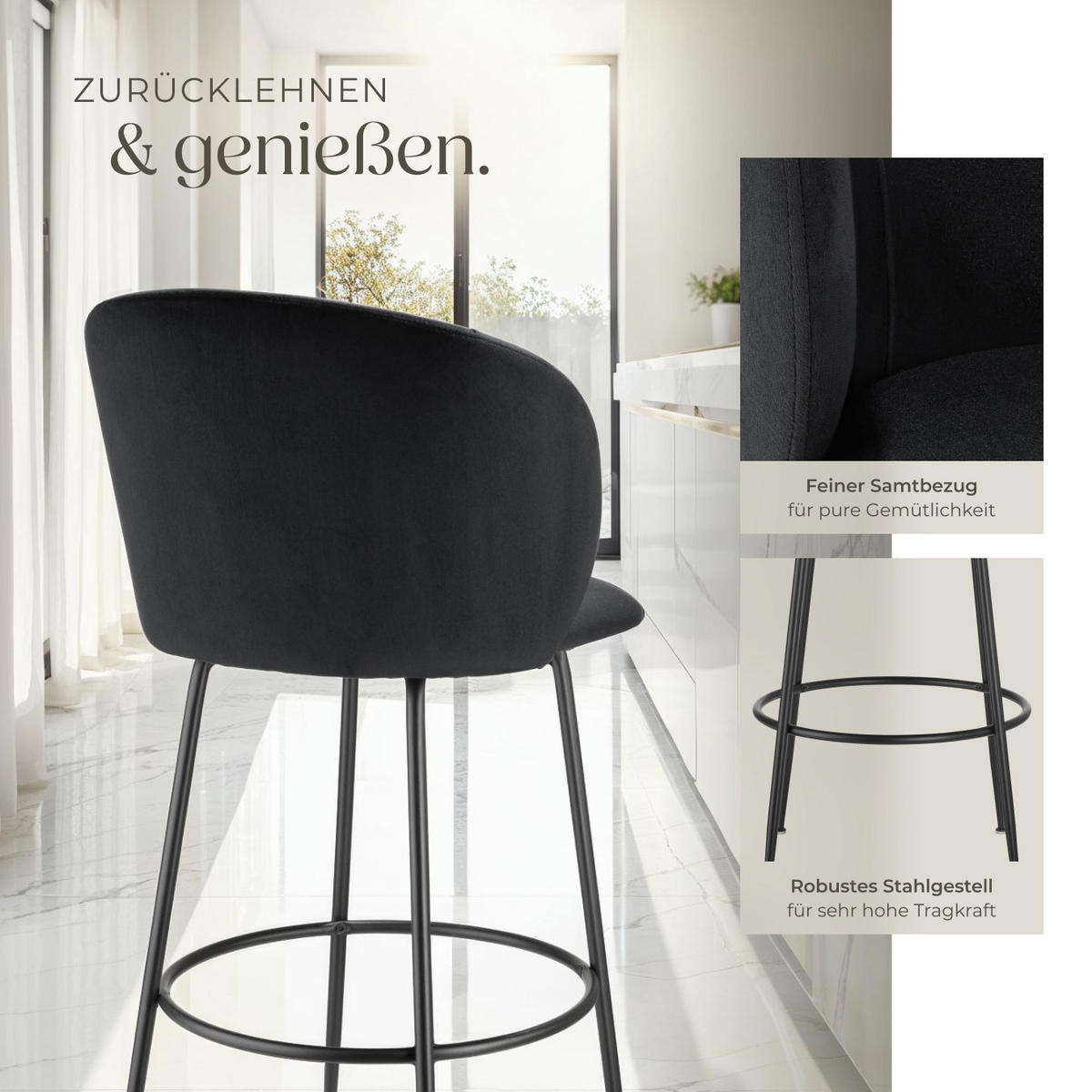 BARSTUHL Luana,51 x 60 x 106 cm, Belastbarkeit 120 kg,schwarz/schwarz - Schwarz, Kunststoff (51/106/60cm) - tectake