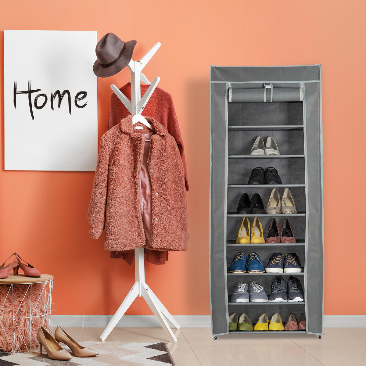 SCHUHSCHRANK - Grau, Kunststoff/Textil (60/150/30cm) - Relaxdays