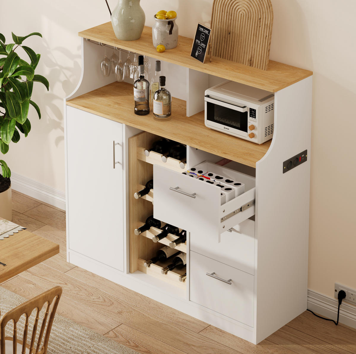 KUHINJSKI ormarić 120/40/121 cm bijeli i natur od MDF-a s LED rasvjetom i stalkom za vino - bijela, drvni materijal (120/121/40cm) - OKWISH