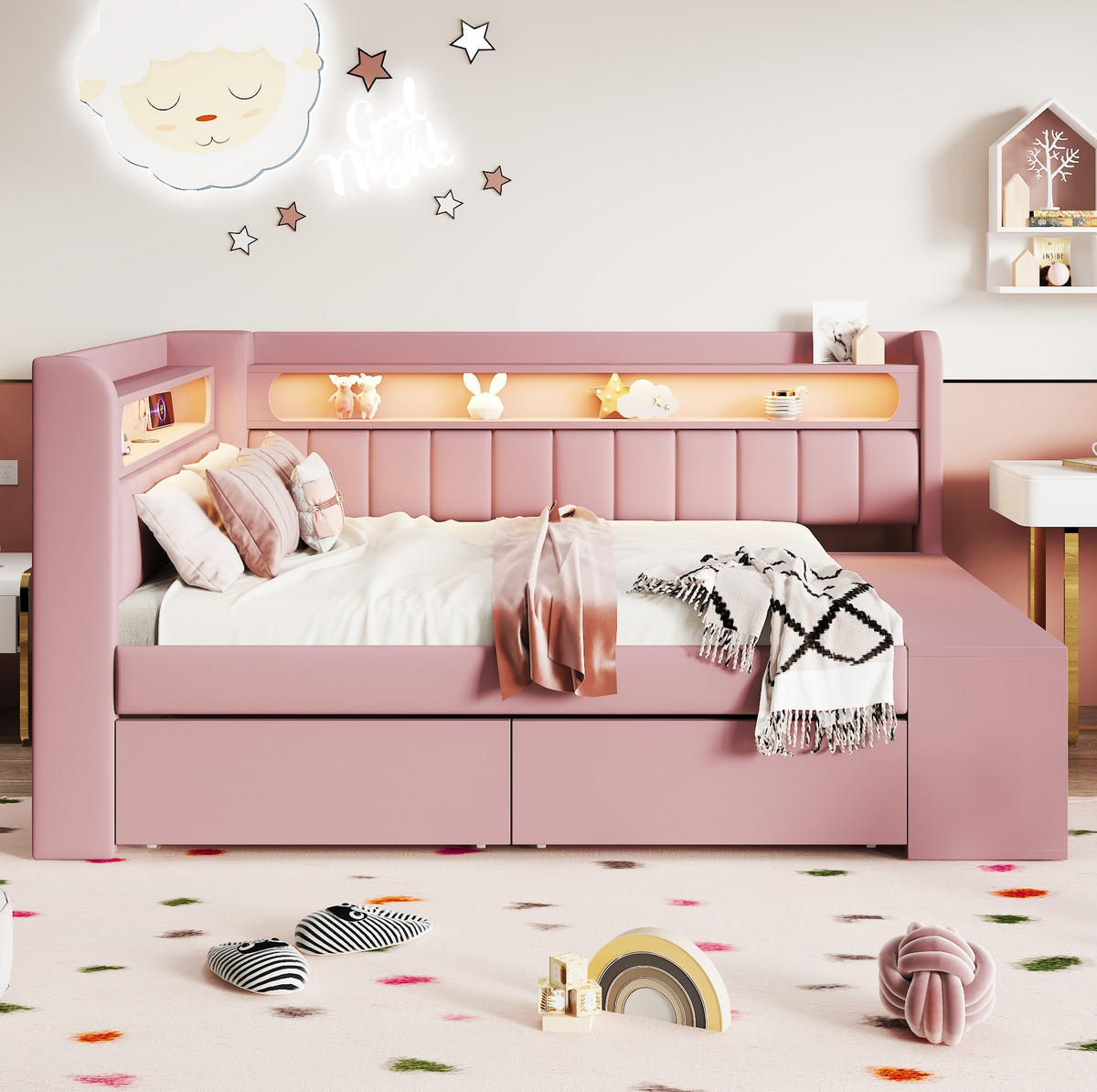 ČALÚNENÁ posteľ 90/200 cm ružová z MDF a preglejky s LED osvetlením USB a skrinkou na topánky - biela, kompozitné drevo (90/200cm) - OKWISH