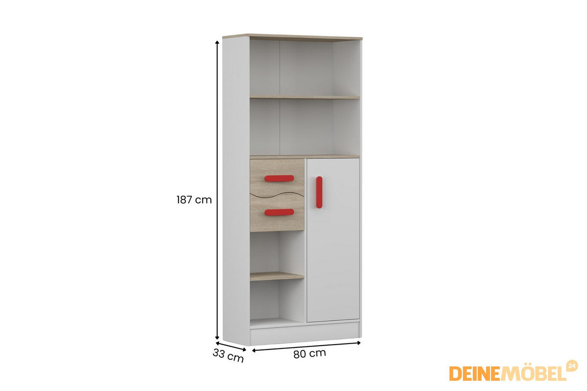 REGAL MIKI 05 Korpus Weiß | Griffe Rot - Rot/Weiß, Holz/Holzwerkstoff (80/187/33cm) - Deine Möbel 24