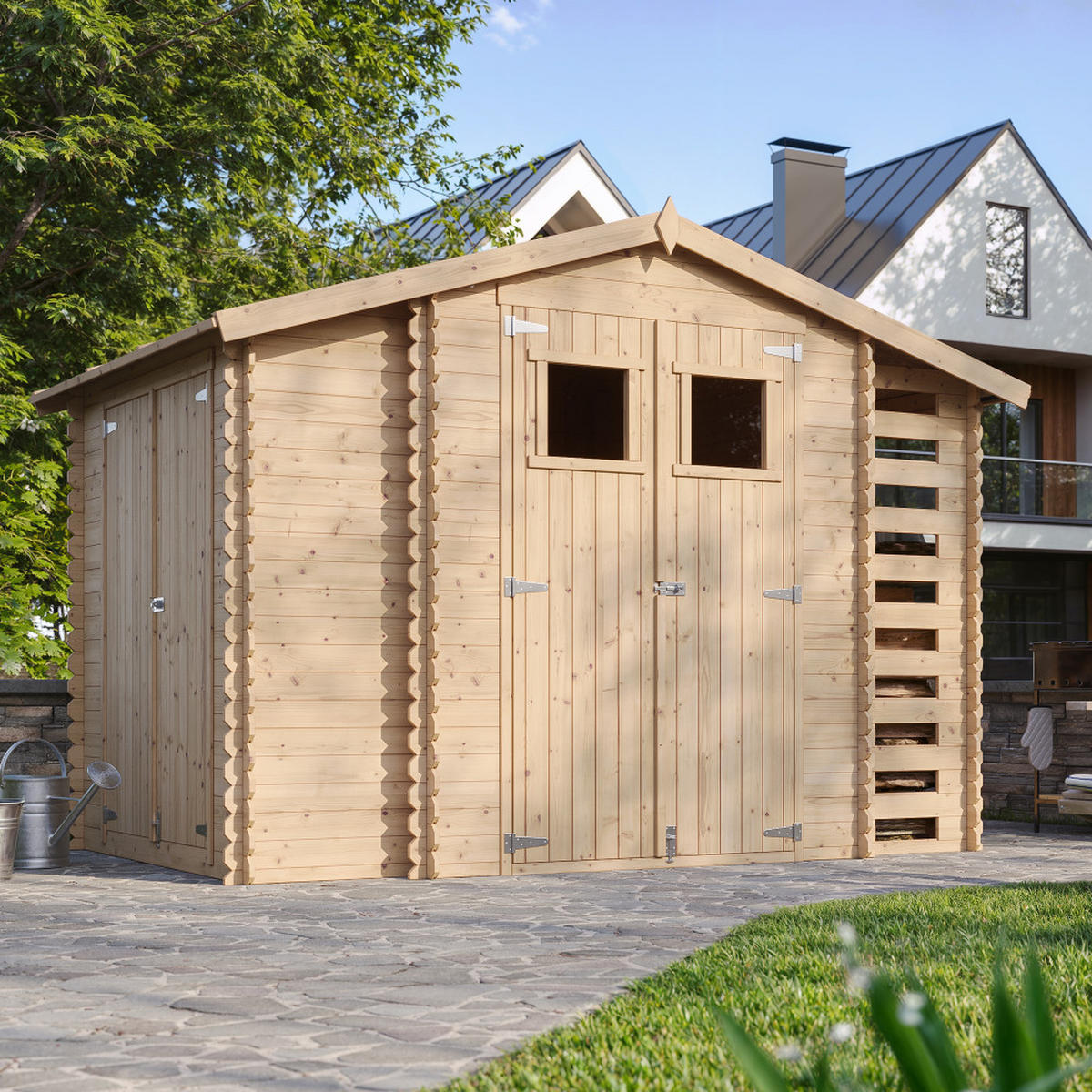 HOLZHAUS GARTENHAUS mit Brennholzschuppen M389+M389G - mit imprägniertem Boden - 3,53 + 0,97 + 0,97 m2 - Beige, Holz (328/218/206cm) - Timbela