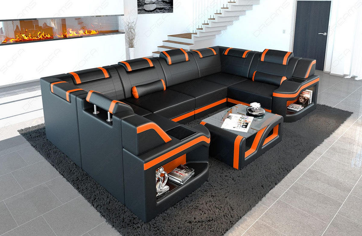 WOHNLANDSCHAFT Sofa Padua U Schwarz Orange Echtleder - Schwarz, Leder (308/80/185cm)