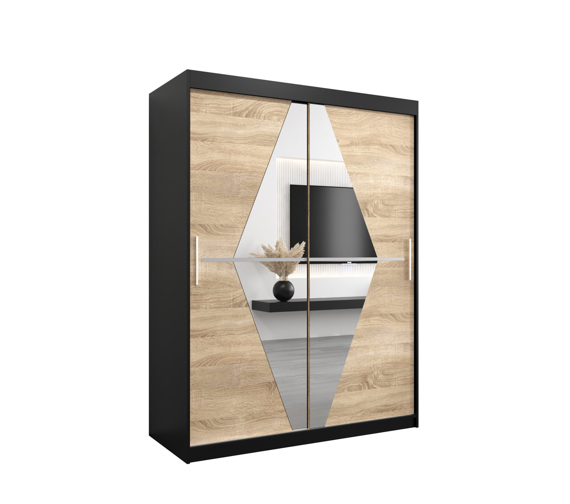 Abiks Möbel Schwebetürenschrank Schwarz, Sonoma Eiche 150x200x62 cm