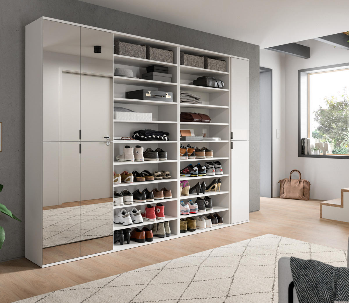 GARDEROBENSCHRANK weiß Hochglanz 281 cm, Schuhschrank XXL mit 35 Fächern - Chromfarben/Weiß Hochglanz, Glas/Holzwerkstoff (251/193/34cm) - Inn.Furn