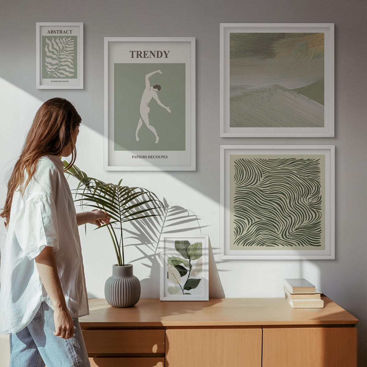 WANDBILDER 5er-Set - 50x50 cm & 20x30 cm & 40x60 cm Weißer Rahmen - Abstrakte Pflanzenmuster - Weiß, Kunststoff (40/60cm) - ArtPrintCave