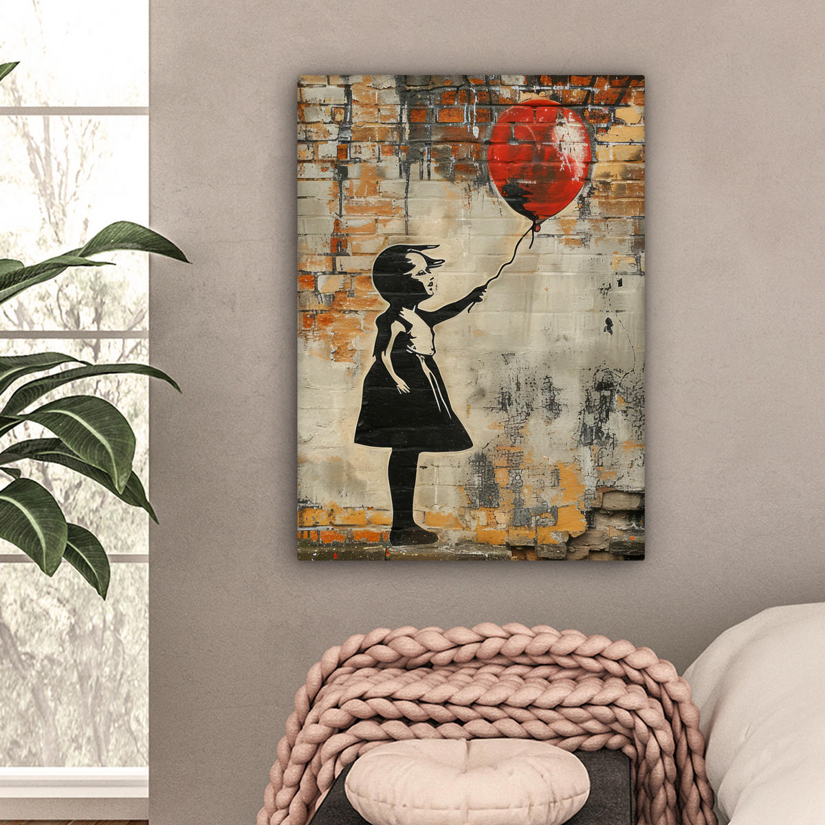 LEINWANDBILD Graffiti - Banksy - Mädchen - Straßenkunst Wandbild Wohnzimmer 60x80 cm - Sandfarben, Textil (60/80cm) - MuchoWow