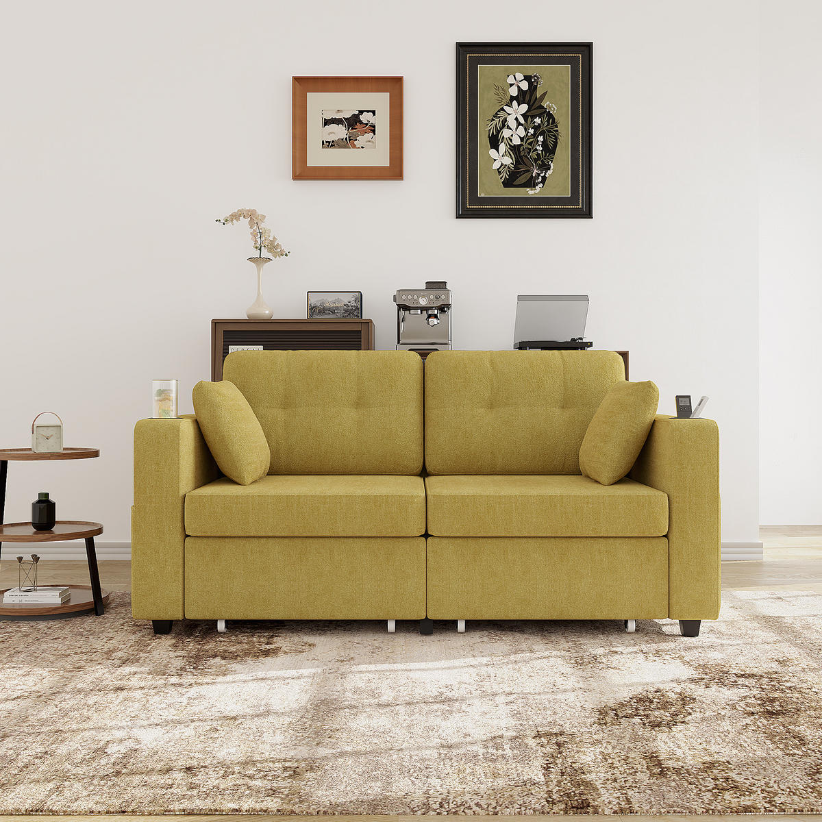 2-SITZER SOFA Chenille Senfgelb mit USB, Getränkehaltern und Stauraumschubladen - Gelb, Textil/Metall (172/82/75cm) - WISHDOR