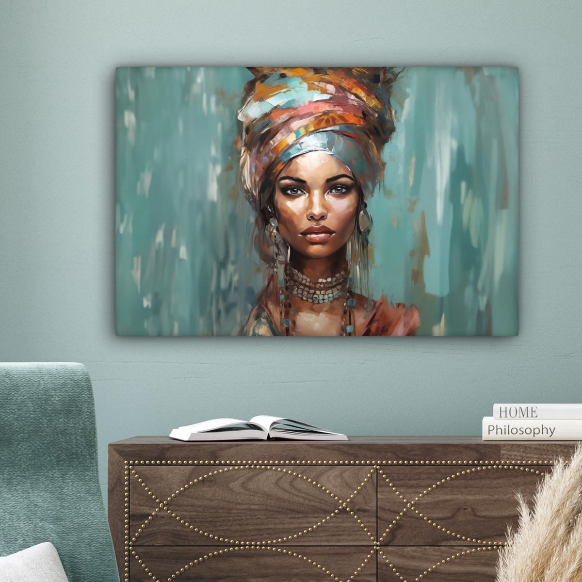 LEINWANDBILD Frau - Kunst - Schmuck - Porträt Wanddeko 90x60 cm - Blaugrau, Textil (90/60cm) - MuchoWow