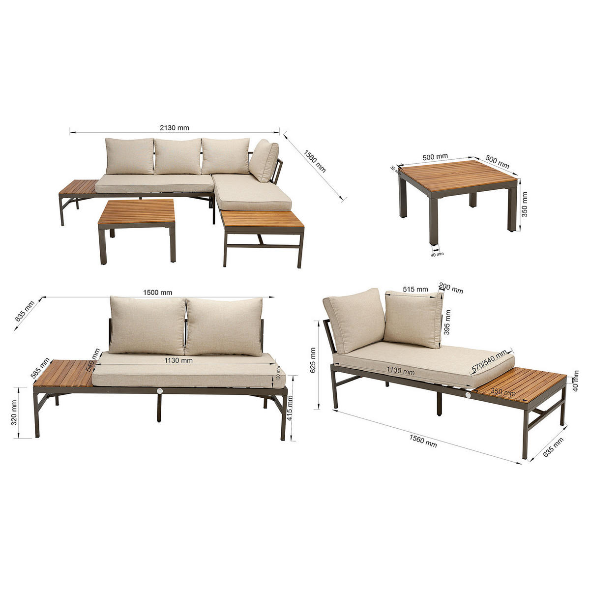 LOUNGESET - 3-teilig - Webstoff / Akazie massiv - Beige / Akazie Braun - Beige, Holz/Textil - home24