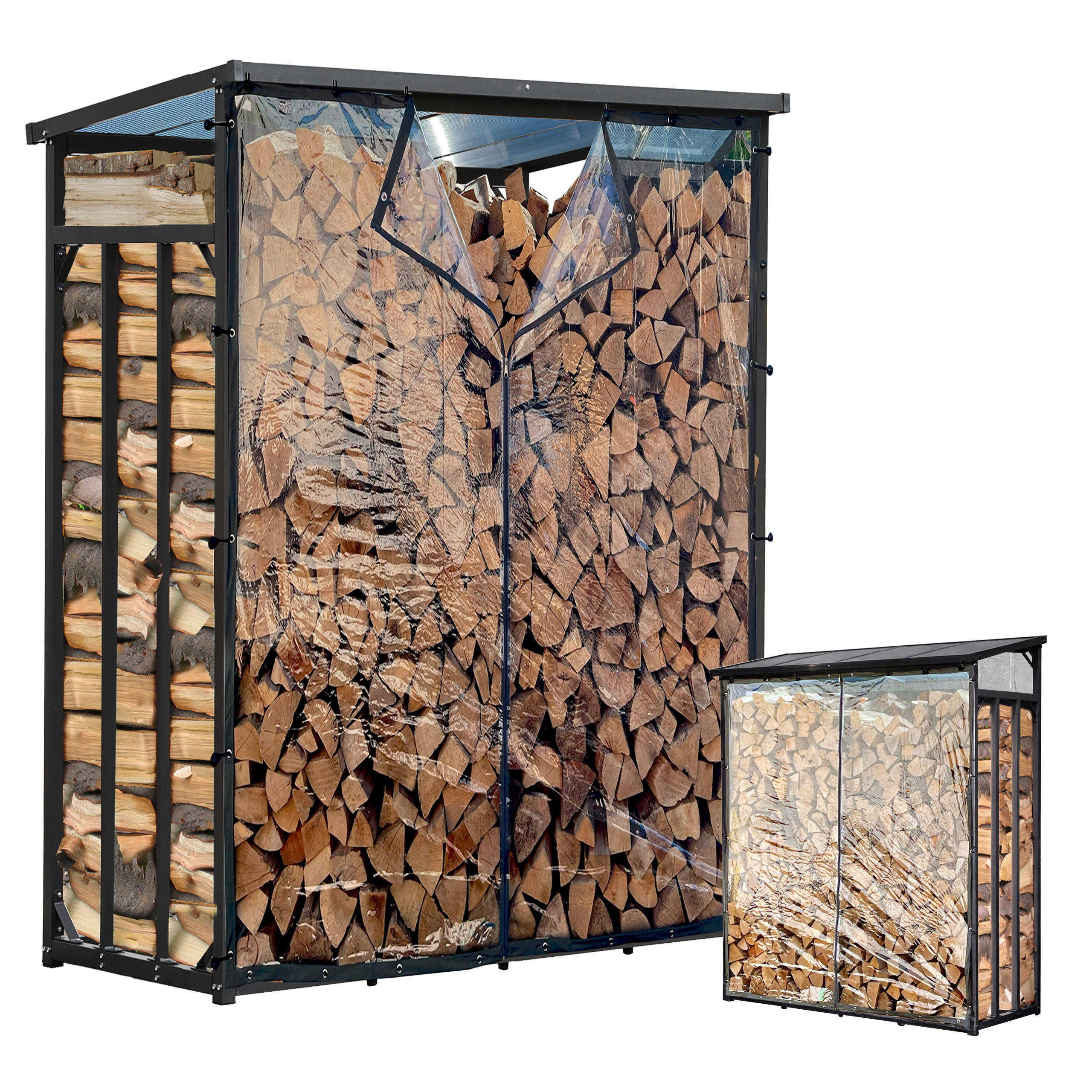 KAMINHOLZREGAL Außen Pro 130/70/185 cm Metall Anthrazit mit Wetterschutz Transparent 1,6 m³ / 2 SRM - Transparent/Anthrazit, Metall (130/185/70cm) - QUICK STAR