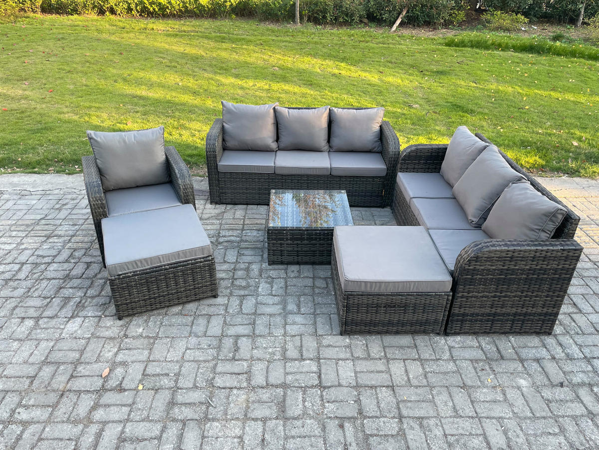 GARTENMÖBEL SET mit 3-SITZER SOFA Polyrattan Dunkelgrau 9-Sitzer - Dunkelgrau/Grau, Glas/Kunststoff - Fimous