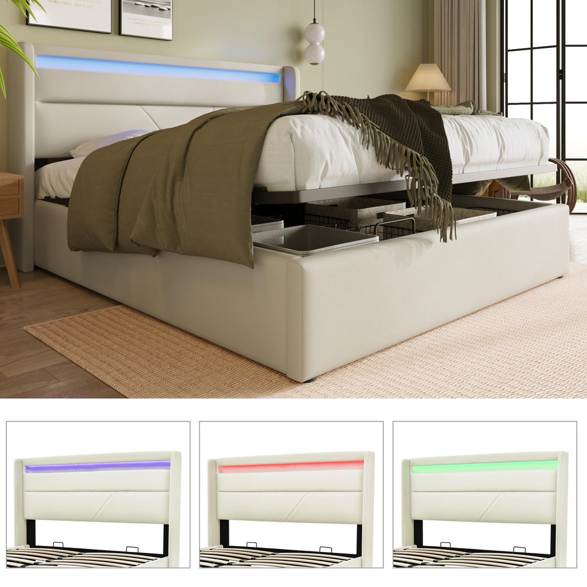 POLSTERBETT 160/200 cm Weiß mit LED-Beleuchtung und Stauraum - Weiß, Kunststoff (160/200cm) - OKWISH