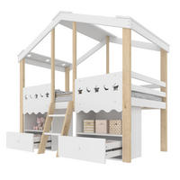 HALBHOHES Kinderbett 90/200 cm aus Kiefernholz mit LED-Beleuchtung, Hausform, 2 Schubladen und Regalen, Weiß/Natur - Weiß, Holz (90/200cm) - Redom
