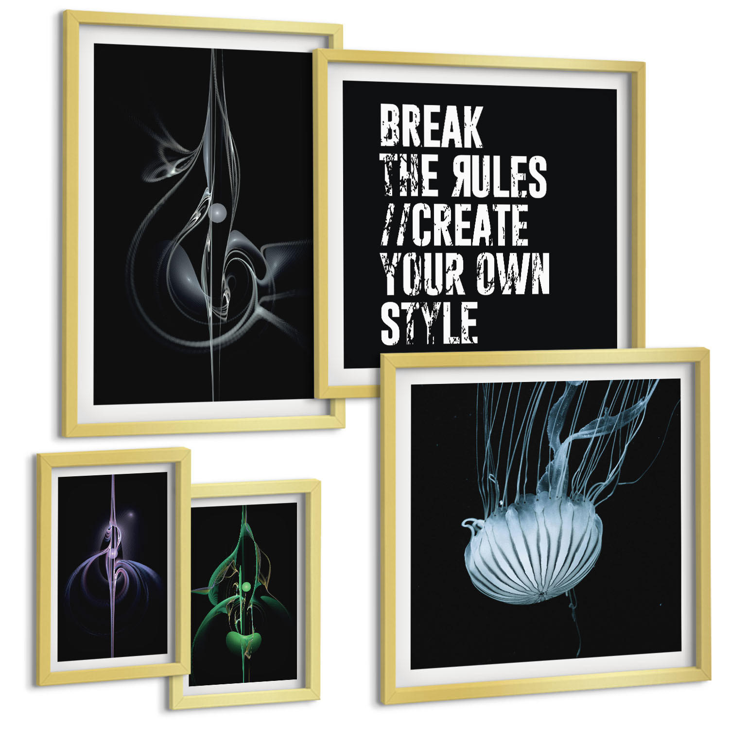BILDER SET 5er Set - 50x50 cm & 20x30 cm & 40x60 cm Goldrahmen - Abstrakte Darstellung von grauen Katzenrosen - Goldfarben, Kunststoff (40/60cm) - TULUP