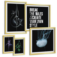 BILDER SET 5er Set - 50x50 cm & 20x30 cm & 40x60 cm Goldrahmen - Abstrakte Darstellung von grauen Katzenrosen - Goldfarben, Kunststoff (40/60cm) - TULUP