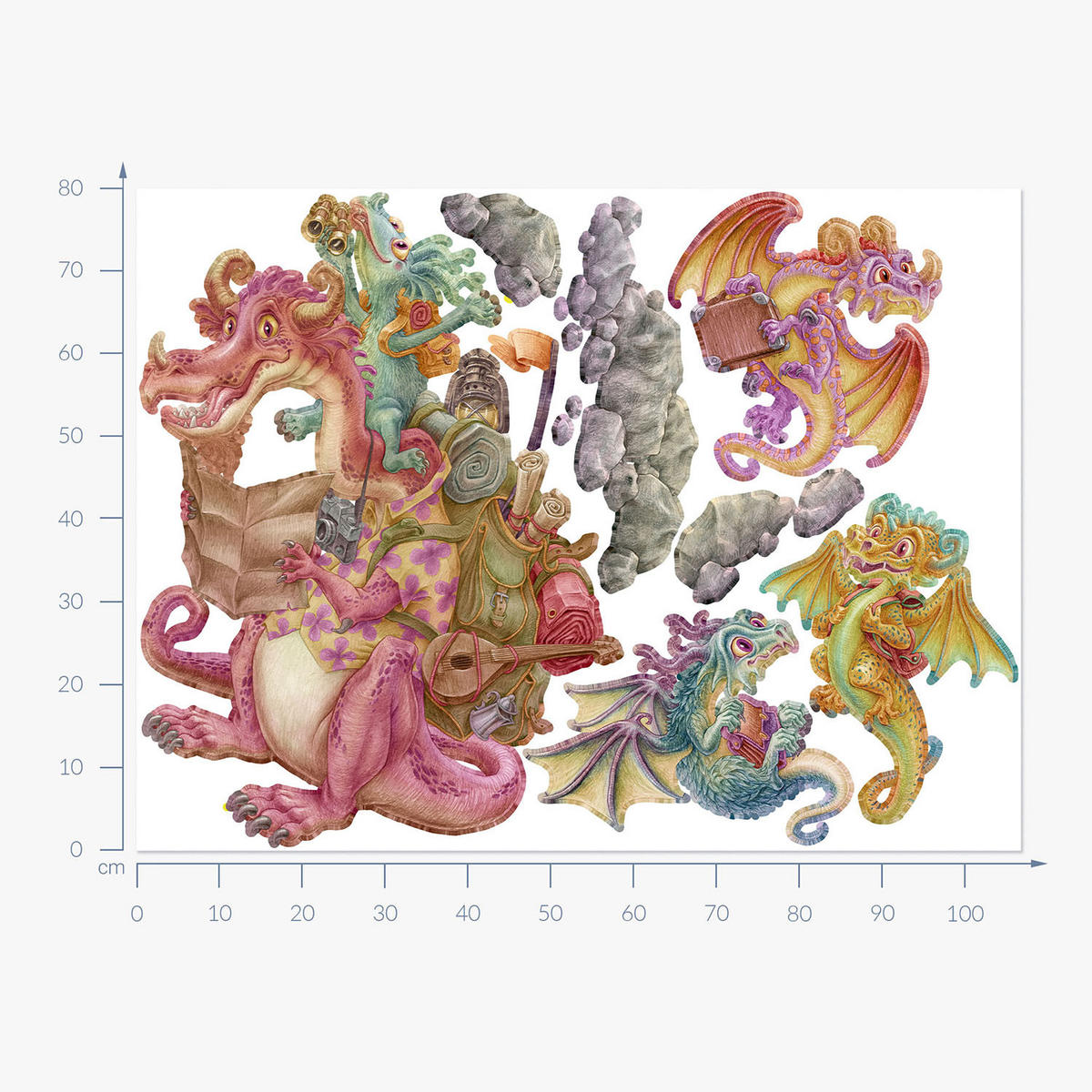 WANDAUFKLEBER 80x107cm - Drachen-Märchenfamilie - Multicolor, Kunststoff (80/107/0.1cm) - Wallfluent