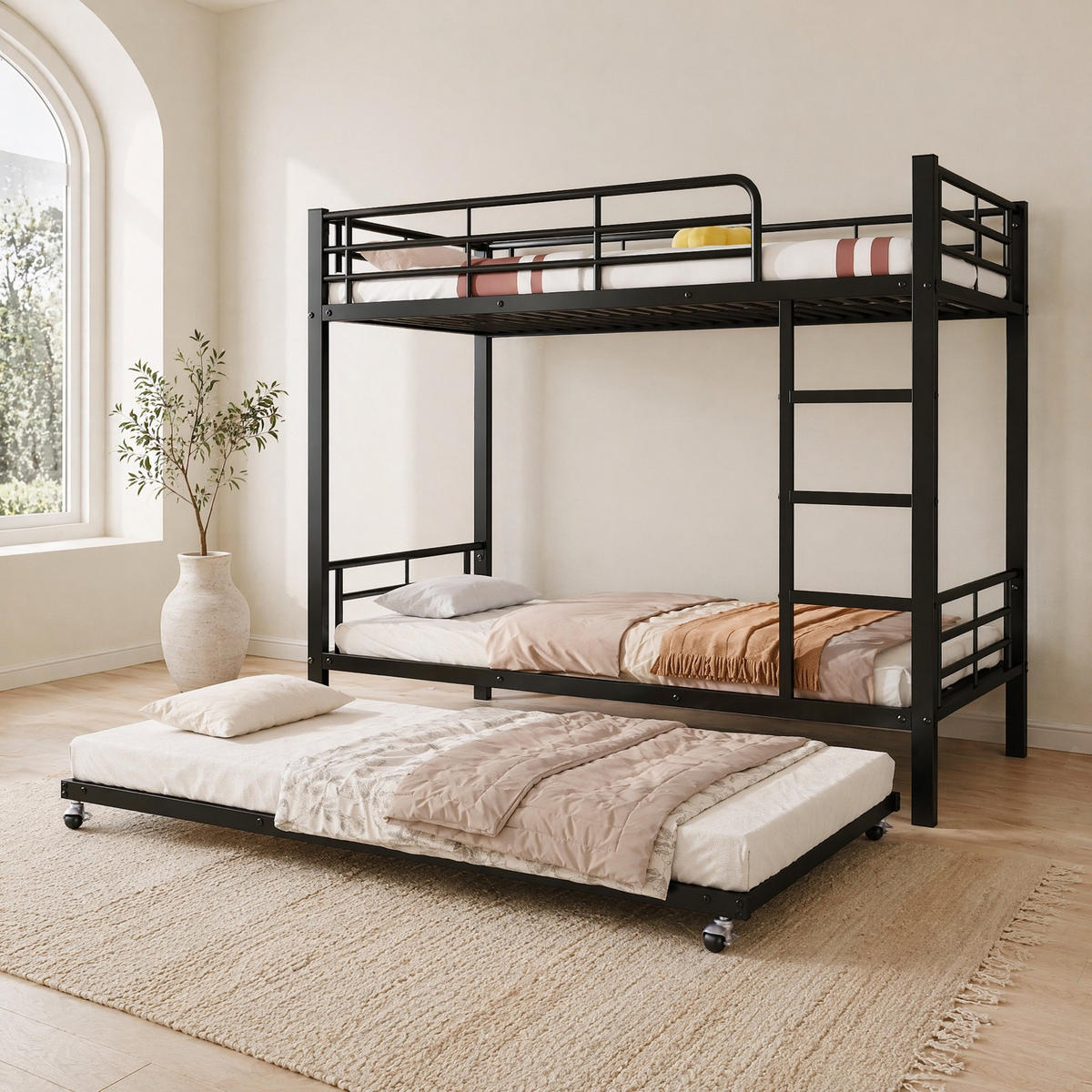 ETAGENBETT 90/200+90/190 mit Ausziehbett, Leiter und Seitengittern in Schwarz - Schwarz, Metall (90/200cm) - EVRYAE