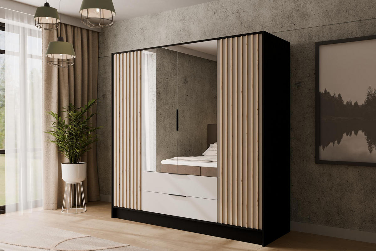 KLEIDERSCHRANK NELIA - 200 cm - Schwarz/Weiß, Holzwerkstoff (200/200/51cm) - ALTDECOR