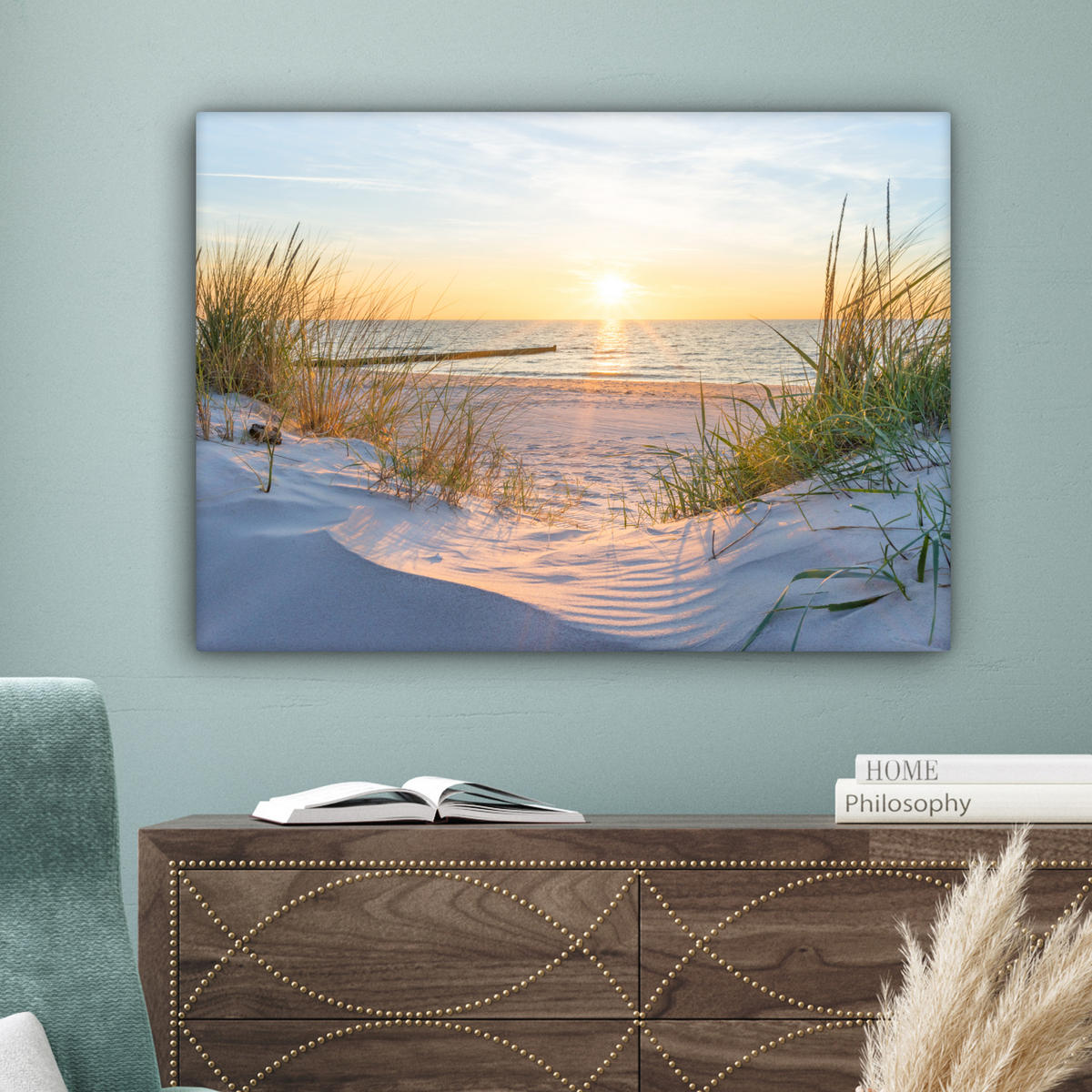 LEINWANDBILD Strand - Sonne - Düne - Gras - Sand - Horizont Wandbilder 80x60 cm - Hellblau, Textil (80/60cm) - MuchoWow