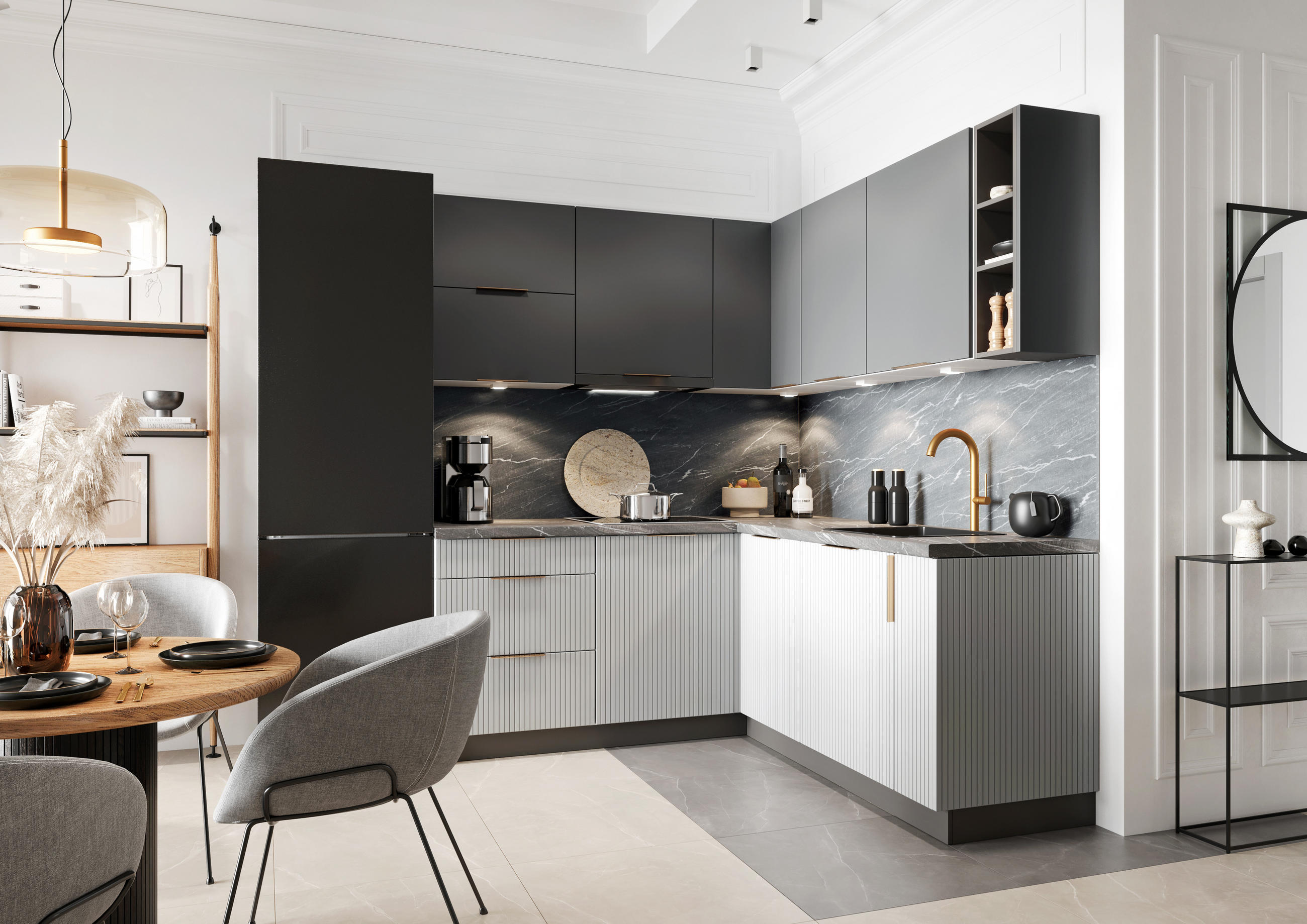 ECKKÜCHE 190 x 180 cm - MAX & KATE KS10-G370 - in Grau/Anthrazit - Anthrazit/Goldfarben, Holz/Holzwerkstoff (190/213.3/180cm) - Royal24_Markt