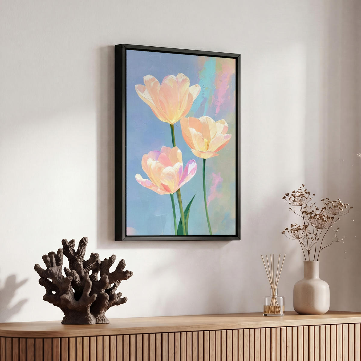 LEINWAND Bilder mit Rahmen - Tulpen - Rosa Akzente - Blau - 20x30 - Pastellblau, Textil (20/30cm) - MuchoWow
