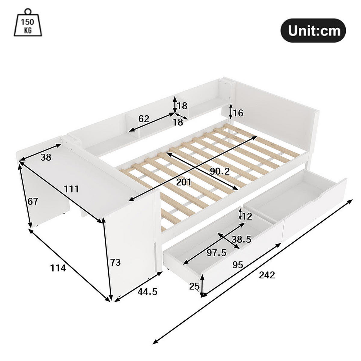 EINZELBETT 90x200cm mit Schreibtisch in weiß - Weiß, Holz (90/200cm) - KOMHTOM