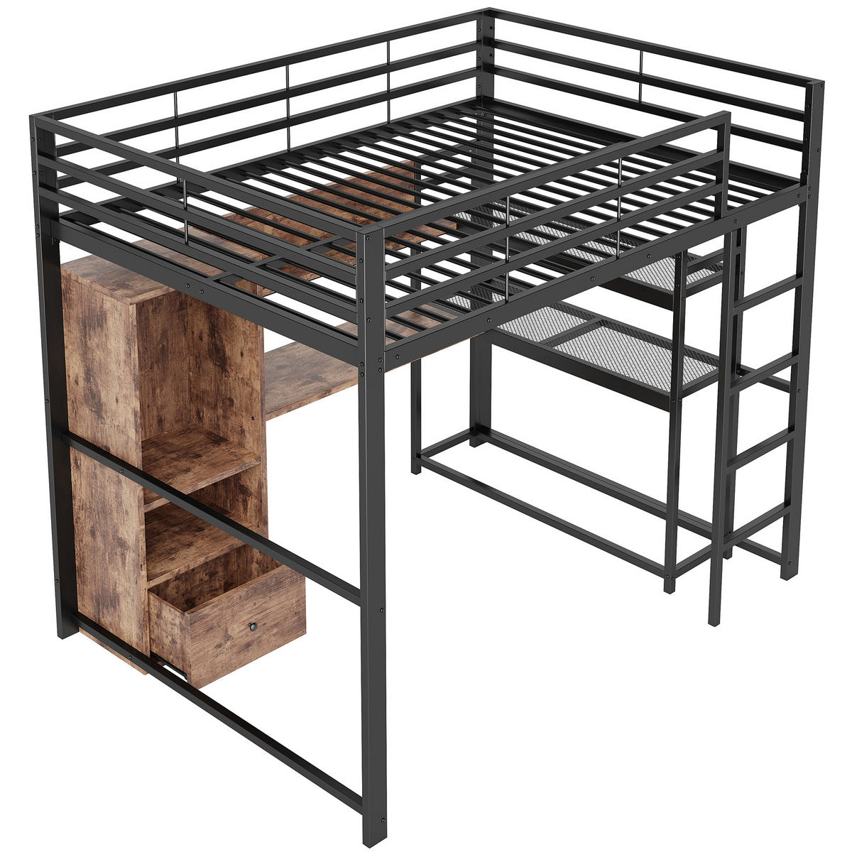 HOCHBETT 140/200 cm Schwarz Metallbett mit LED-Beleuchtung und Schreibtisch - Schwarz, Holzwerkstoff (140/200cm) - OKWISH