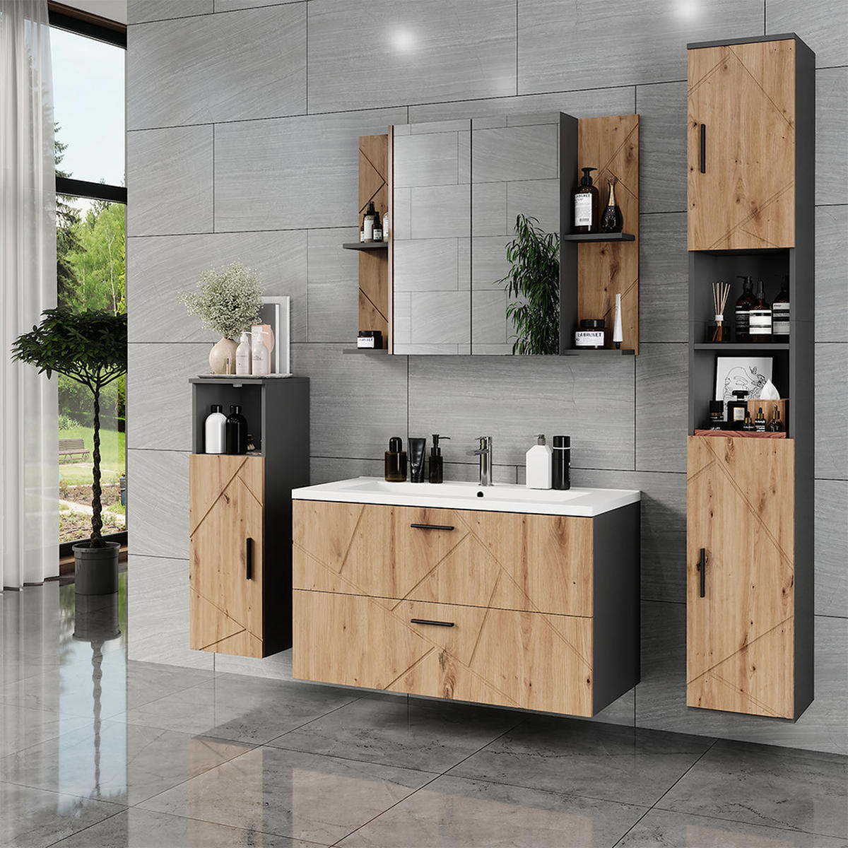 SESTAVA KOUPELNOVÉHO NÁBYTKU Irma Antracit/Artisan - antracitová/dub artisan, kompozitní dřevo (100/57/44.6cm) - Vicco