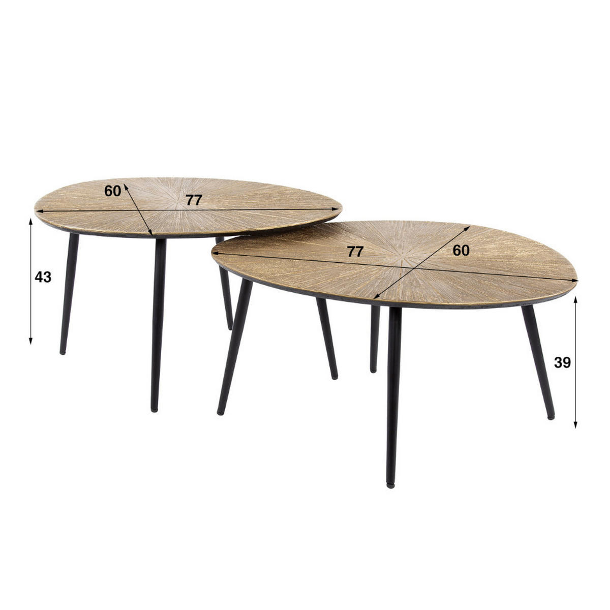 COUCHTISCH-SET SILVIO RAGGIO Organische Satztische mit Strahlenmuster in Antikgold - Goldfarben, Holz (56/71/40cm) - alesvelt