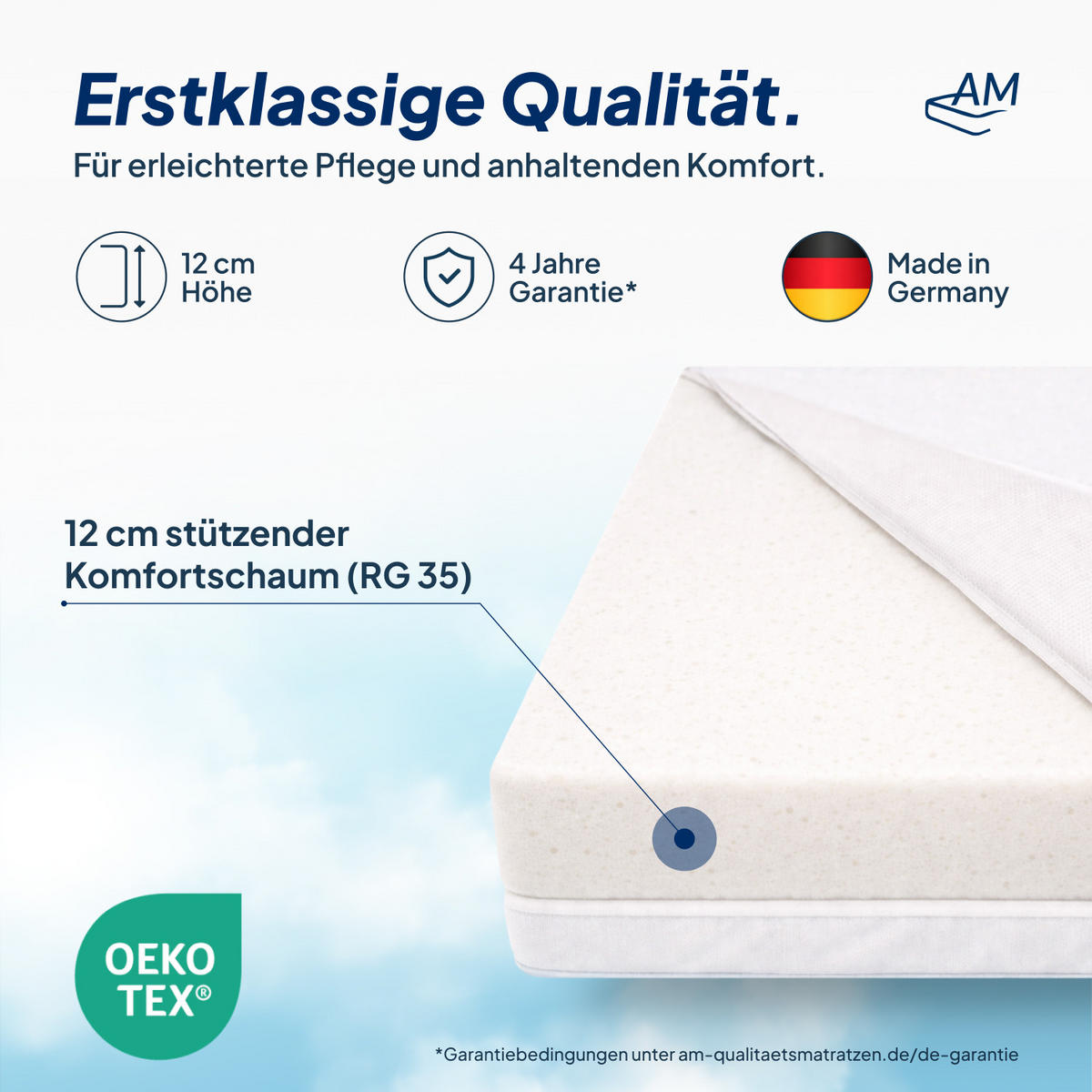 MATRACE Care 120/200 cm - výška 12 cm a nepromokavý potah - bílá, textil (120/200cm) - AM Qualitätsmatratzen