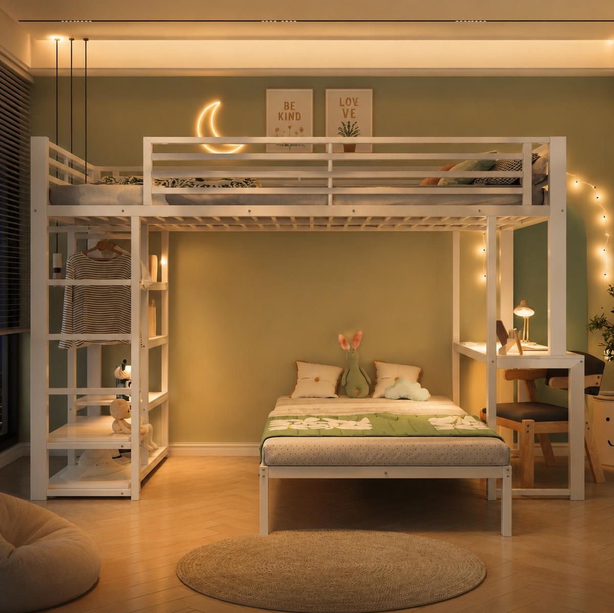 HOCHBETT Metall & MDF 90x200 cm Weiß mit Schreibtisch, Regalen und Kleideraufbewahrung - Weiß, Holzwerkstoff (90/200cm) - Modfu