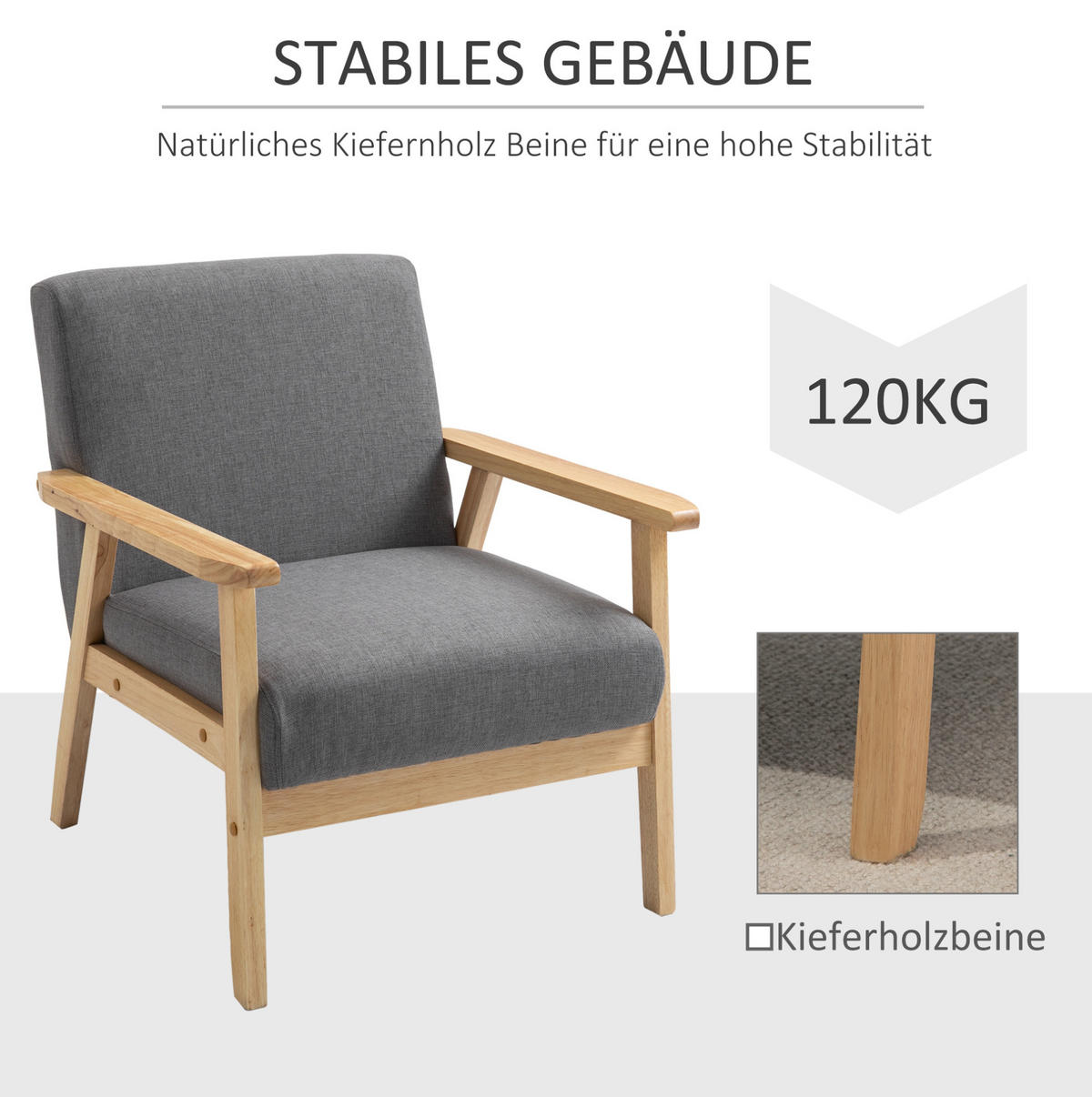 SESSEL 64/70/72 cm in Grau mit Leinenoptik und Holzgestell - Grau, Textil (70/72/64cm) - Flora Grace