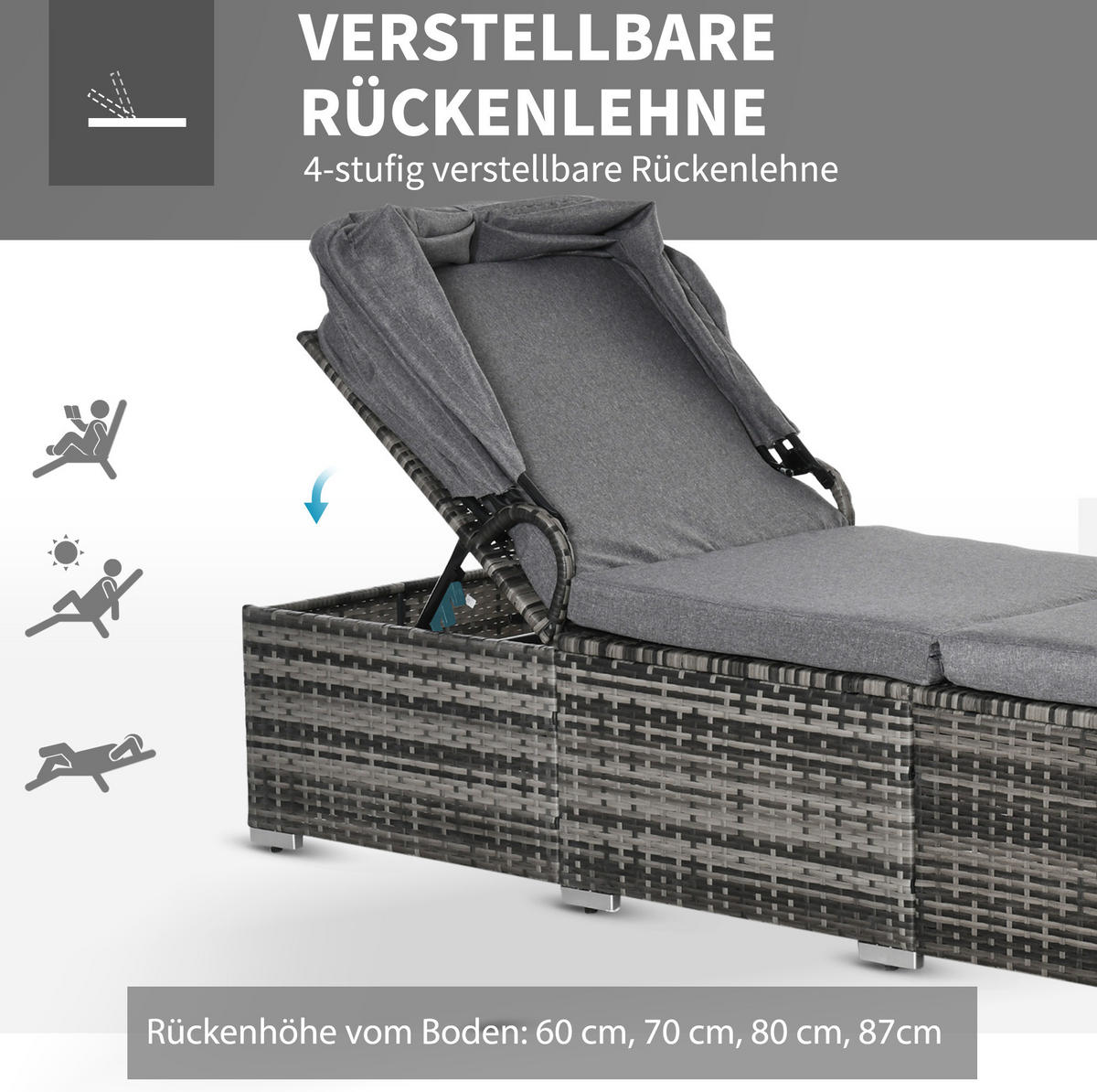 SONNENLIEGE aus PE-Rattan 195x65x40 cm in Grau mit Baldachin - Grau, Metall (65/40/195cm) - Modfu