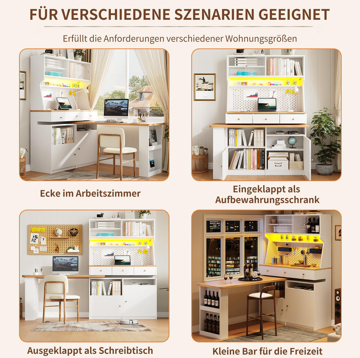 BUFFETSCHRANK 137/45/178 cm, Weiß mit Holzoptik-Tischplatte, Acryl-Schiebetür und ausziehbarer Tischplatte, LED-App-Steuerung - Goldfarben/Weiß, Holzwerkstoff/Metall (137/178/45cm) - Redom