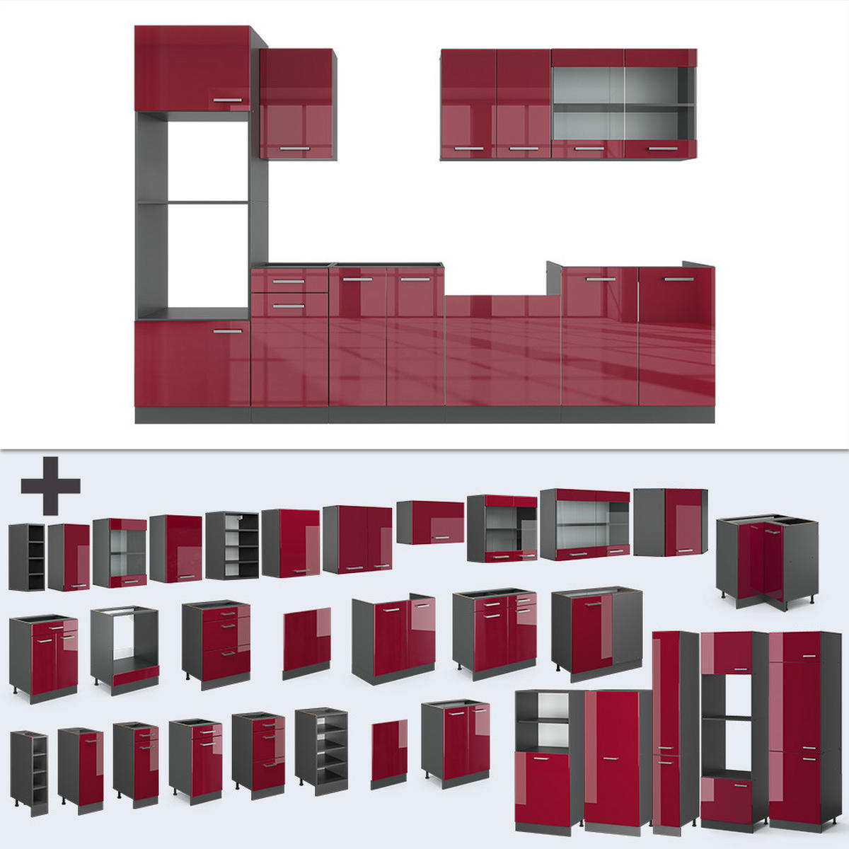 KÜCHENZEILE R-Line Rot Hochglanz/Anthrazit 300 cm mit Hochschrank, AP Eiche - Anthrazit/Rot, Holzwerkstoff (300/81.6/60cm) - Vicco