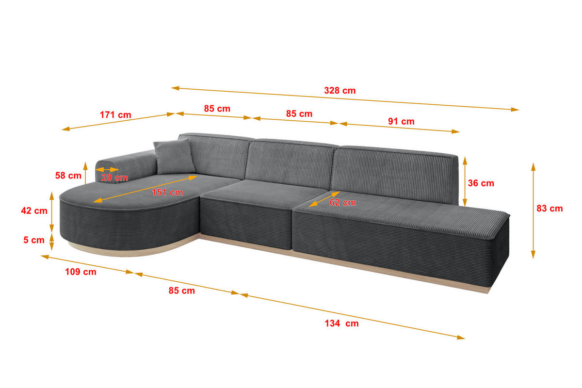 ECKSOFA Ottomane Links ARRIO-L2 - 328x171x83 cm Dunkelgrau - Dunkelgrau, Holzwerkstoff/Textil (328/171cm) - ALTDECOR