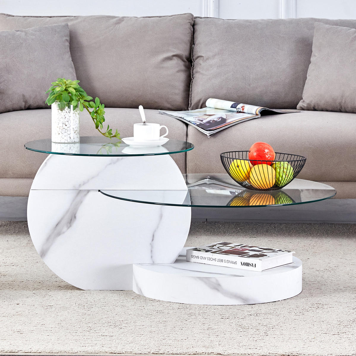 COUCHTISCH 90/70/44 cm mit Sicherheitsglas und mehrstufigen Ablagen, Transparent/Weiß - Weiß, Holzwerkstoff (90/70/44cm) - Redom